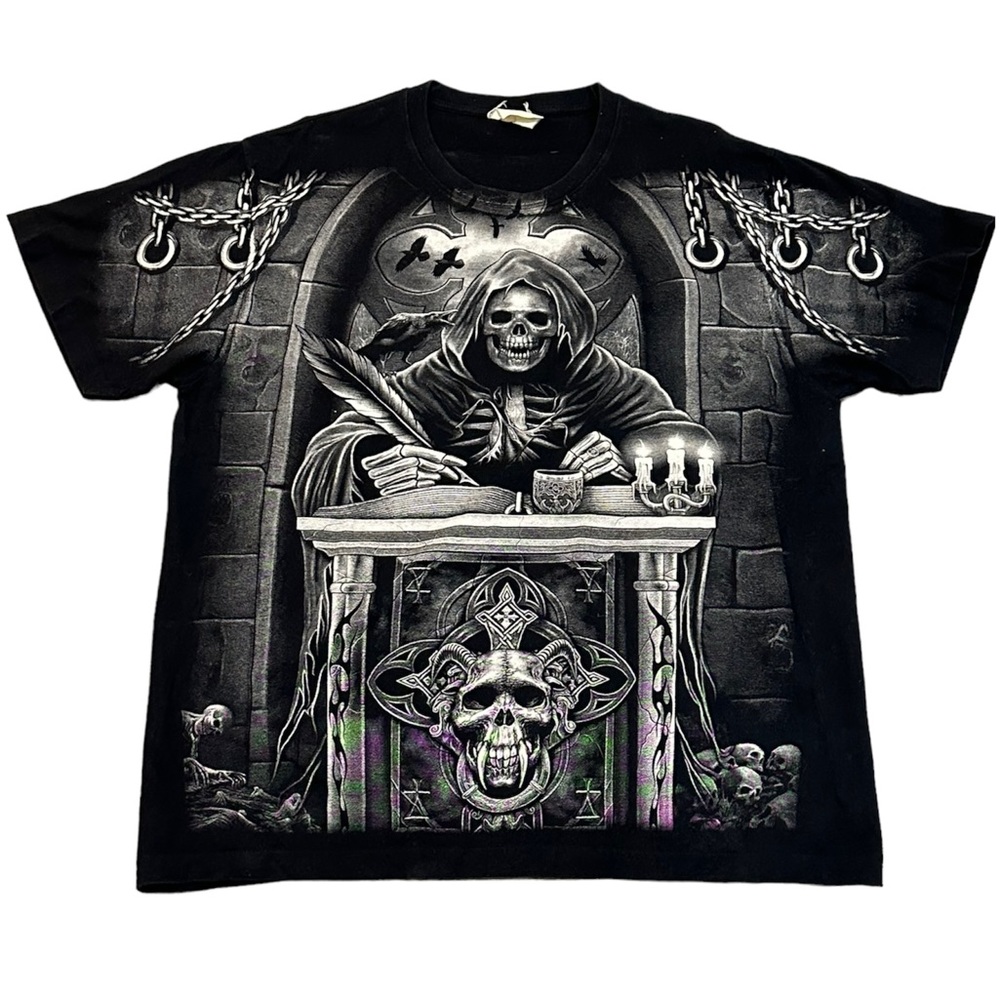 Vintage All Over Print Grim Reaper Single Stitch T-Shirt Size XL Liquid Blue